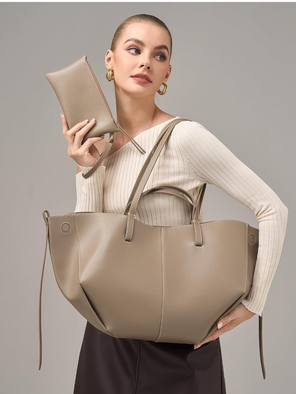 Taupe Structured Leather Tote Bag - Women's Handbag